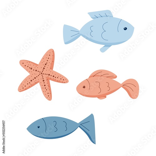 Fish and starfish, underwater life in cartoon style.Isolated vector