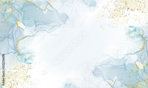 Abstract watercolor or alcohol ink art blue white background with golden crackers. Pastel blue marble drawing effect. llustration design template for wedding invitation,decoration, banner, background. © Deemerwha