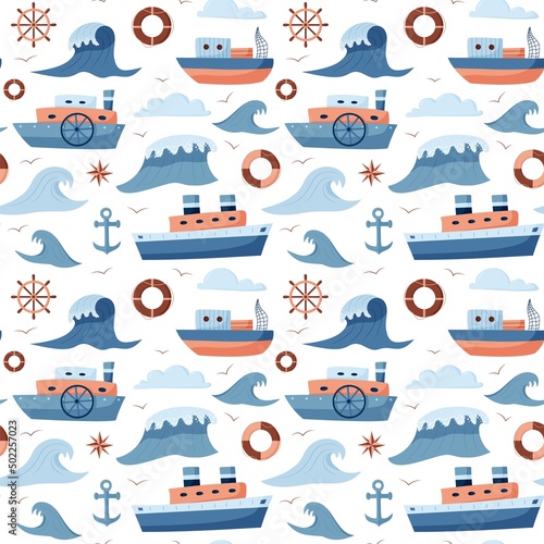 Seamless repeating pattern of marine, steamboat, waves and fishing boat. Vector objects in cartoon style