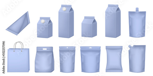 Set of milk cardboard package. Vector zip bag. Realistic carton package with cap. Box for dairy products. Pouch and doy pack mockups. Violet flow pack, sachet. Purple paper bag. Tetrahedral packaging