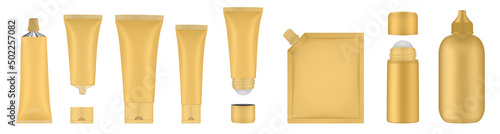 Set of gold tubes and bottles. Roller ball tube. Body antiperspirant deodorant roll-on, open and closed blank tubes with screw cap. Realistic mockup. Eye Cream Roll Ball. Applicator. Spouted pouch