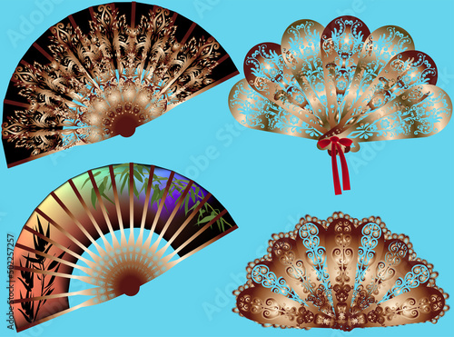 four brown decorated fans isolated on blue background