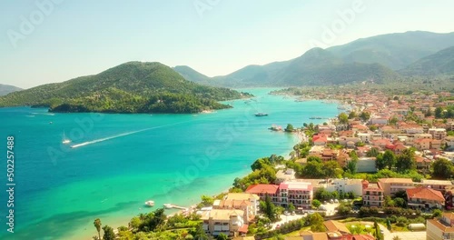 Aerial view on the Mediterranean town surrounding little islands on the eastern coast of the island of Lefkada, Greece.