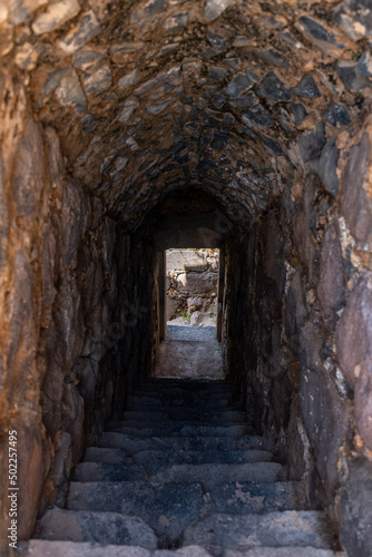 Entrance to stairs leading to the moat at Belvoir Fortress  Kohav HaYarden National Park in Israel. Ruins of a Crusader castle. 