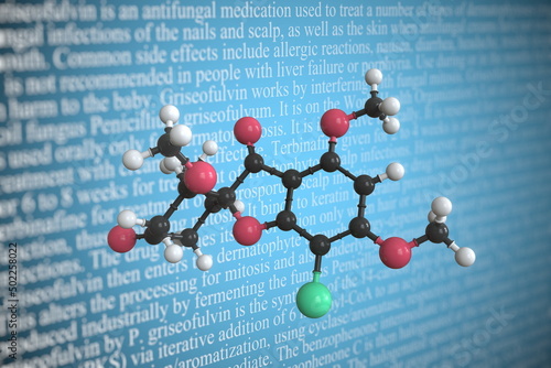 Griseofulvin scientific molecular model, 3D rendering