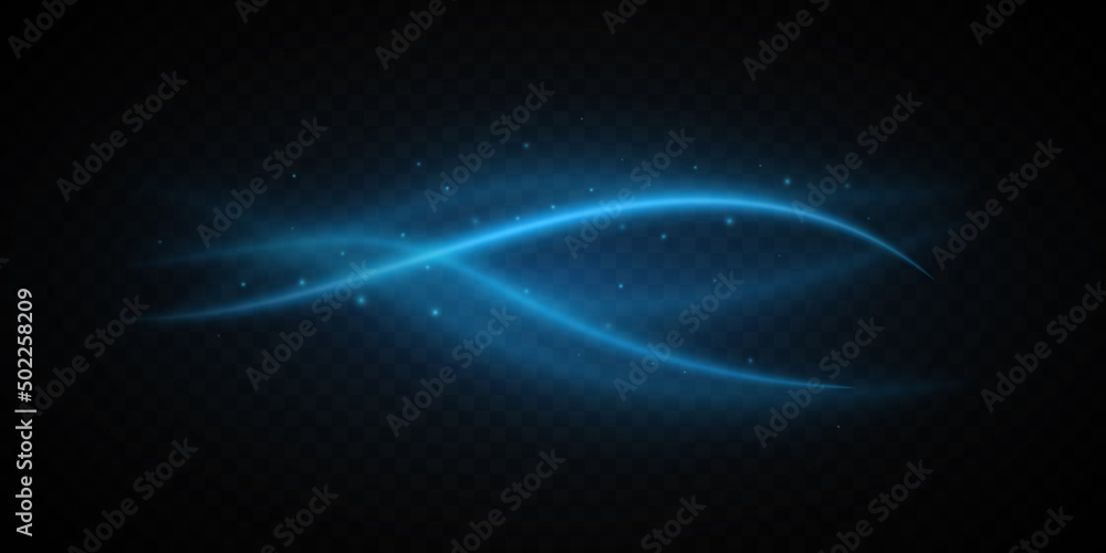Blue light waves with dust isolated on dark transparent background. Glowing wavy swirl. Abstract glowing trace. Shiny design element. Light effect. Vector illustration