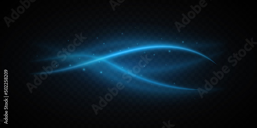 Blue light waves with dust isolated on dark transparent background. Glowing wavy swirl. Abstract glowing trace. Shiny design element. Light effect. Vector illustration