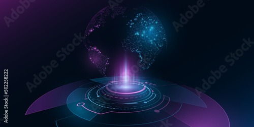Digital holographic planet Earth with HUD elements. Globe hologram. Futuristic planet in cyberspace with light effects. Technology background. Vector illustration