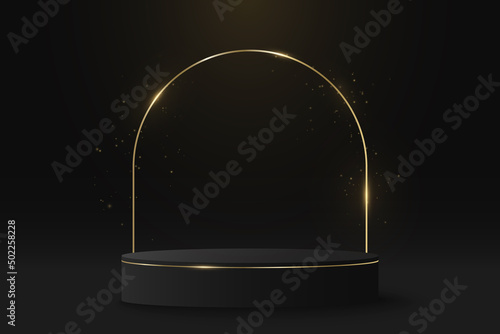 Luxurious podium with golden frame for display your product. 3D cylinder with glitters for fashion design. Vector illustration