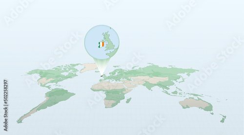 Photography World map in perspective showing the location of the country Ireland with detailed map with flag of Ireland