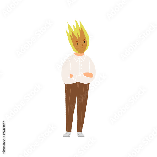 The man is furious, anger is stirring, character's head is on fire. Emotional burnout, feeling stress at work concept.