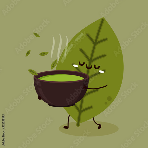 Tea leaves character. tea leaves on Green background. wallpaper. Matcha character design.