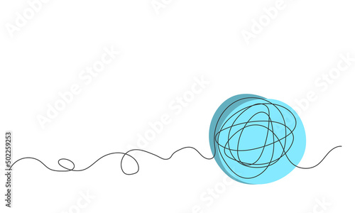 A ball of yarn in one continuous line with colored elements. Minimalist illustration of threads for knitting. Activities for the soul and relaxation