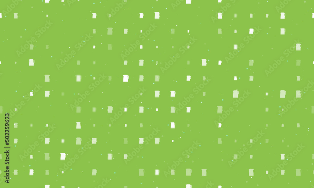 Seamless background pattern of evenly spaced white kettle symbols of different sizes and opacity. Vector illustration on light green background with stars Seamless background pattern of evenly spaced white kettle symbols of different sizes and opacity. Vector illustration on light green background with stars