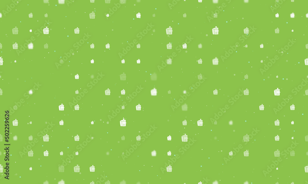 Seamless background pattern of evenly spaced white juicer symbols of different sizes and opacity. Vector illustration on light green background with stars Seamless background pattern of evenly spaced white juicer symbols of different sizes and opacity. Vector illustration on light green background with stars