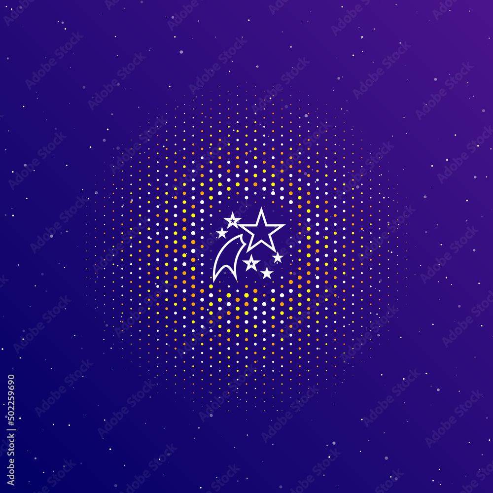 Naklejka premium A large white contour fireworks symbol in the center, surrounded by small dots. Dots of different colors in the shape of a ball. Vector illustration on dark blue gradient background with stars