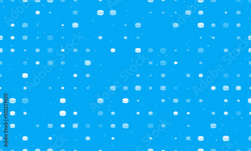 Seamless background pattern of evenly spaced white hockey pucks of different sizes and opacity. Vector illustration on light blue background with stars