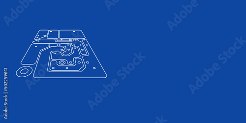 A large white outline printed circuit board on the left. Designed as thin white lines. Vector illustration on blue background