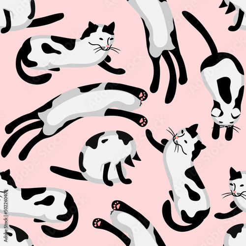 Seamless repeat pattern with black white cats in different poses on pastel pink.Cartoon cats background and texture for printing on fabric and paper.Vector hand drawn illustration for design card.