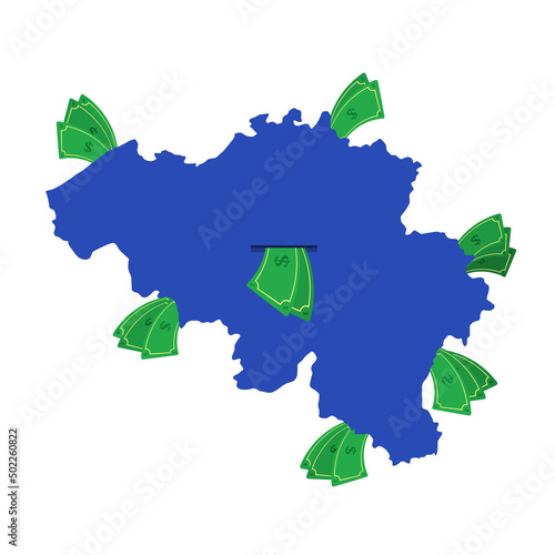 Belgium map in blue with money bills around. Money leaving the center of the country. Economy of belgian country. White background. Isolated.