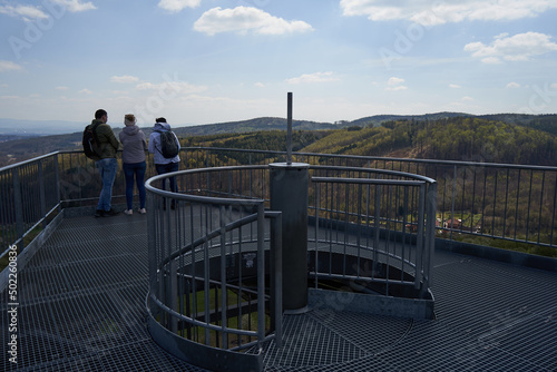 Salas, Czech Republic - April 17, 2022 - A completely unconventional tourist lookout tower above the village of Sala in the foothills of the Chriby Mountains.  