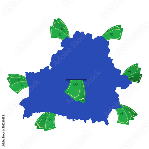 Belarus map in blue with money bills around. Money leaving the center of the country. Economy of Belarusian country. White background. Isolated.