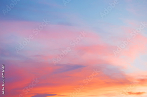 Orange, pink, blue sunset sky. Beautiful natural of sky abstract or background. Soft image.
