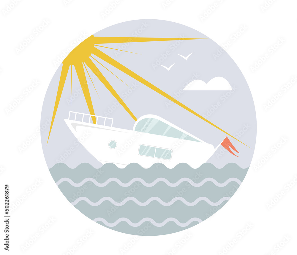 Obraz premium Little cute yacht on a sunny day in open sea circle icon in cartoon flat style, isolated vector illustration