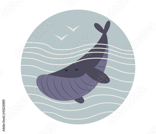 Cute smiling hand drawn whale, circle icon vector illustration in flat cartoon style