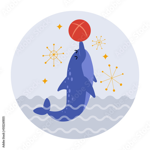Hand drawn cute dolphin with ball circle icon, star of the show. Isolated vector illustration in flat cartoon style