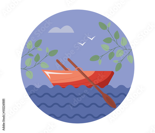 Flat cartoon style cute boat circle icon with oars in the lake with trees around, isolated vector illustration about fishing