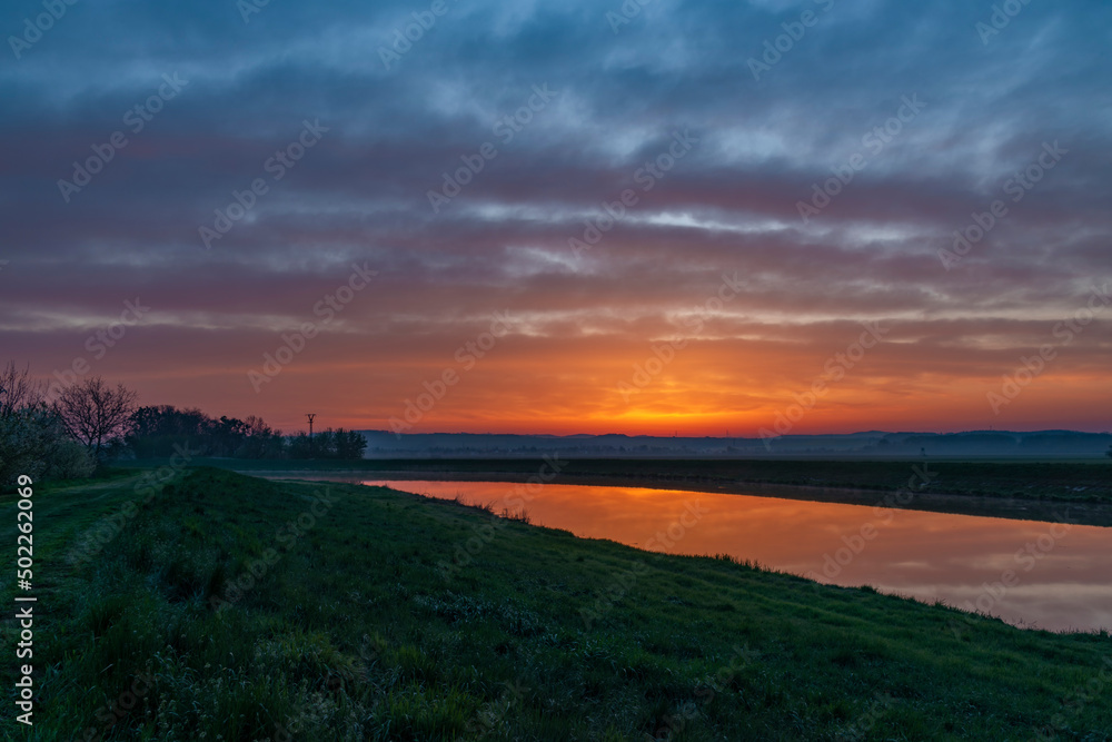 Morava river with sunrise near Kvasice village in central Moravia
