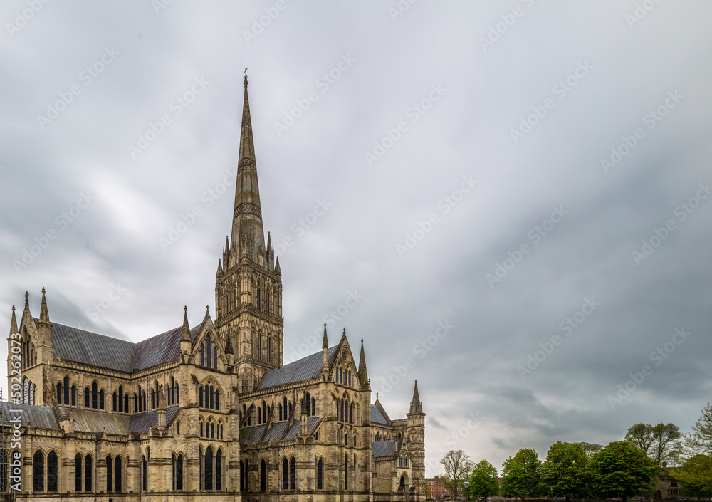 Salisbury Cathedral, an Anglican  in Wiltshire, UK.
The main building was completed in 1258 and the spire, which is the highest in England was built in 1320. Shot in 1st May 2022.