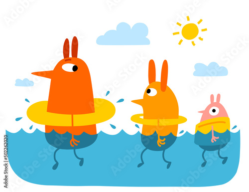 Three funny orange rabbits looking like chickens swimming in the sea on vacation - cartoony vector illustration (ID: 502262020)