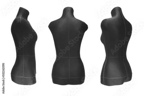 Set of black female mannequins in different turns. Without clothing. For designer textiles. Isolated, close up
