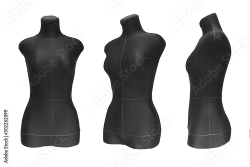 Set of black female mannequins in different turns. Without clothing. For designer textiles. Isolated, close up