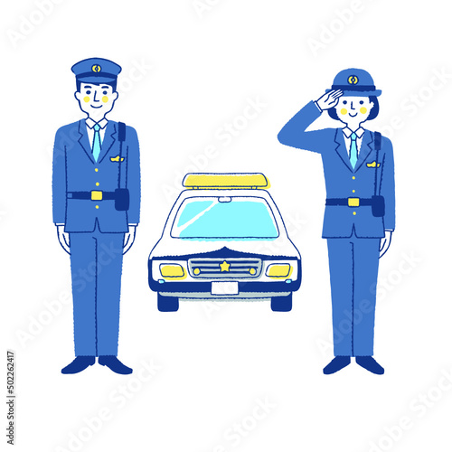 警察官の男女とパトカー