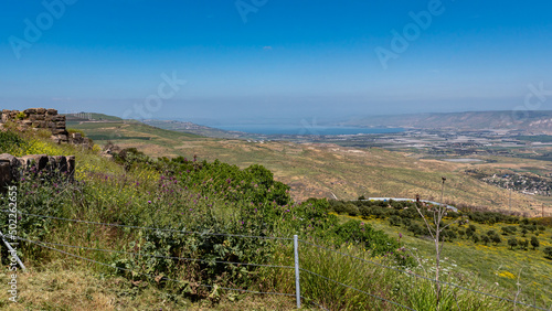 Panoramic view of the Jordan Valley from the ruins of Belvoir Fortress - Kokhav HaYarden National Park in Israel. 