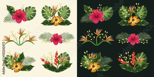 Set design element with tropical flowers hibiscus, heliconia and strelitzia, leaves palm and monstera. Vector on a light background photo