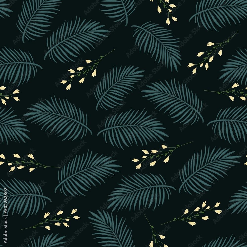 Seamless pattern tropical palm leaves and flowers vector on a black background