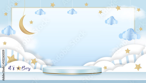 Vector for baby boy shower card on blue background,Cute Paper art abstract origami cloudscape, crescent moon and stars on blue sky with 3D Podium, Paper cut with copy space for Baby's photos