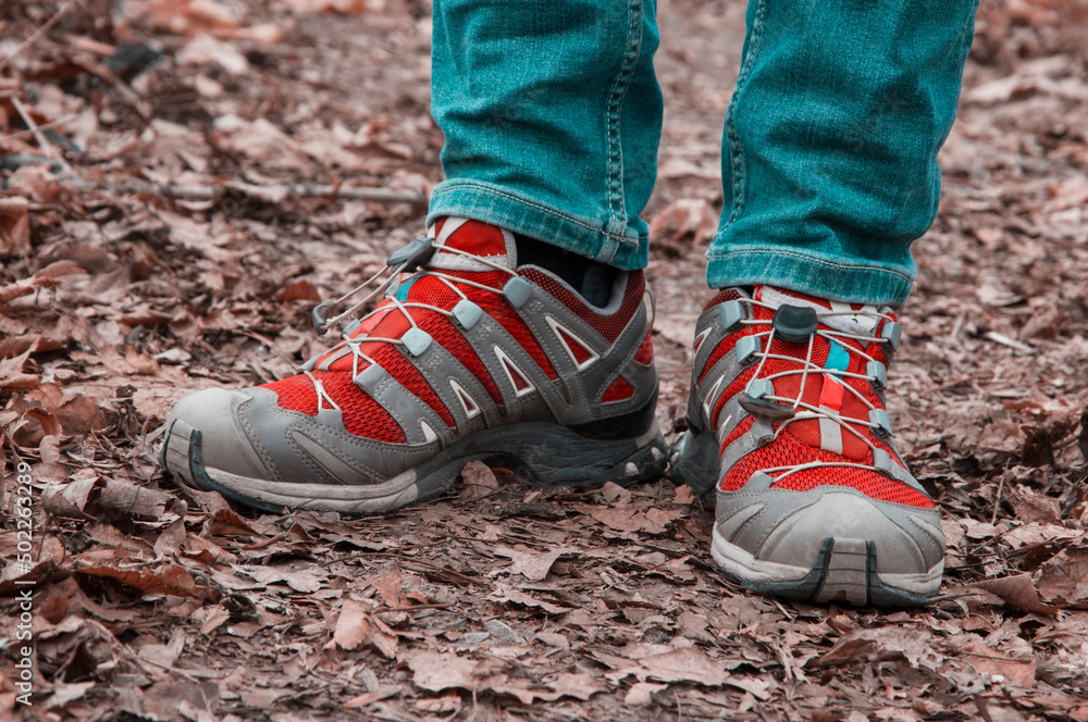 sneakers on the path. man stands with her foot in the woods. illustration of travel. red shoes on a natural background. hiking concept sneakers on the path. man stands with her foot in the woods. illustration of travel. red shoes on a natural background. hiking concept