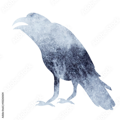 Raven gray watercolor silhouette, on white background, isolated, vector