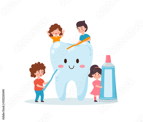 Kids with huge cartoon smiling tooth character flat style
