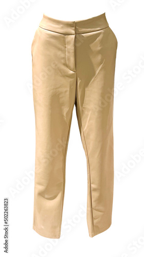 Beige leather pants for women isolated on white.