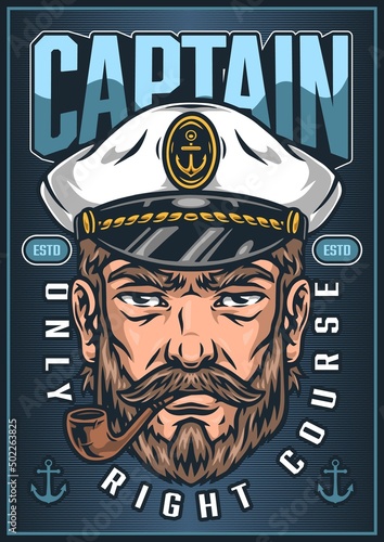 Poster with seaman in sailor captain hat smoking pipe vector