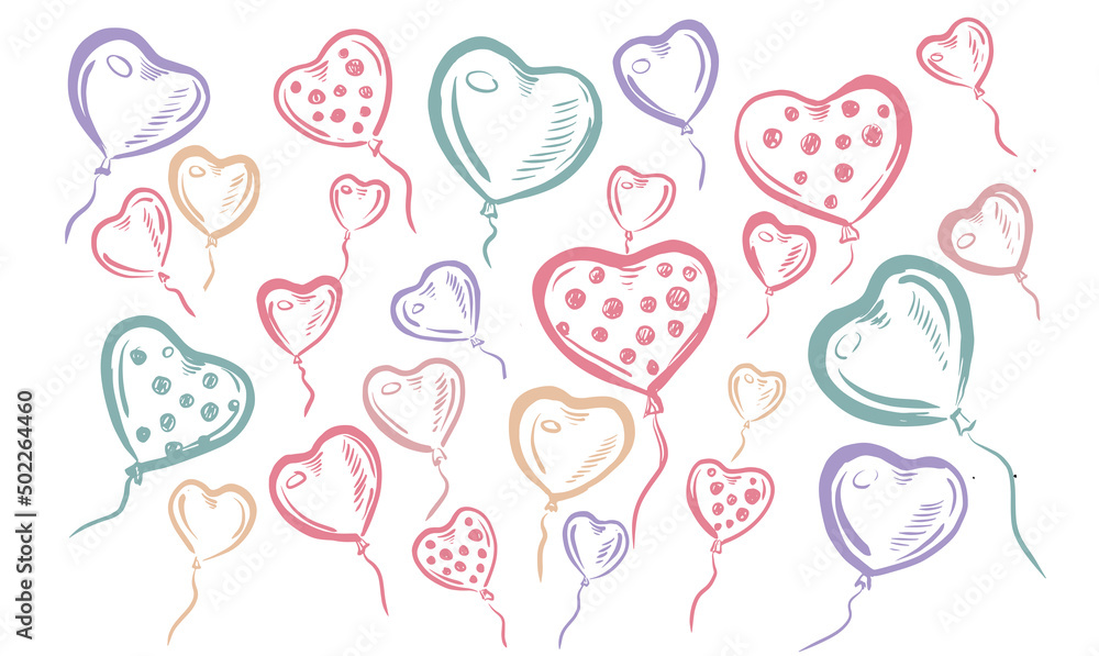 Hearts balloons hand drawn illustration.