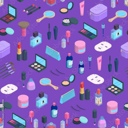 Vector makeup isometric objects pattern. Eyeshadow pallete, brushes, mask, nail polish, foundation beauty products background in isometry background.