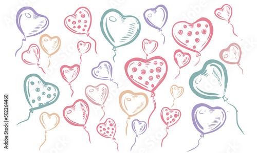 Hearts balloons hand drawn illustration.