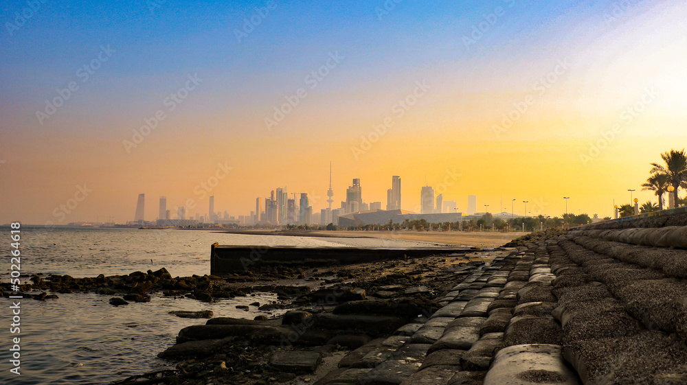 Sunset over the Kuwait city by the seaside